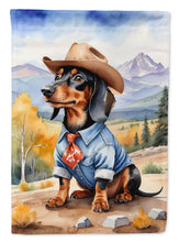Load image into Gallery viewer, Dachshund Cowboy Welcome Garden Flag – Western Dog Yard Decor with Mountain Landscape