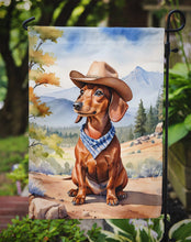Load image into Gallery viewer, Dachshund Cowboy Welcome Garden Flag – Western Dog Yard Decor with Mountain Landscape