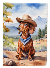 Load image into Gallery viewer, Dachshund Cowboy Welcome Garden Flag – Western Dog Yard Decor with Mountain Landscape