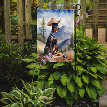 Load image into Gallery viewer, Doberman Pinscher Cowboy Welcome Garden Flag – Western Dog Yard Decor with Mountain Landscape