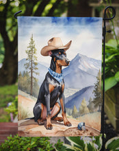 Load image into Gallery viewer, Doberman Pinscher Cowboy Welcome Garden Flag – Western Dog Yard Decor with Mountain Landscape