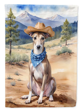 Load image into Gallery viewer, Greyhound Cowboy Welcome Garden Flag – Western Dog Yard Decor with Mountain Landscape