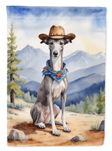 Load image into Gallery viewer, Greyhound Cowboy Welcome Garden Flag – Western Dog Yard Decor with Mountain Landscape