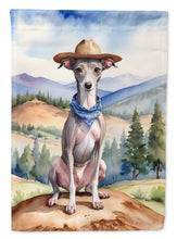 Load image into Gallery viewer, Italian Greyhound Cowboy Welcome Garden Flag – Western Dog Yard Decor with Mountain Landscape