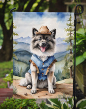 Load image into Gallery viewer, Keeshond Cowboy Welcome Garden Flag – Western Dog Yard Decor with Mountain Landscape