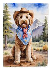 Load image into Gallery viewer, Labradoodle Cowboy Welcome Garden Flag – Western Dog Yard Decor with Mountain Landscape