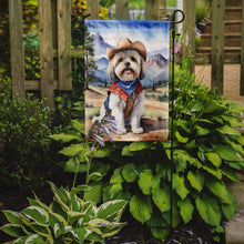 Load image into Gallery viewer, Lhasa Apso Cowboy Welcome Garden Flag – Western Dog Yard Decor with Mountain Landscape