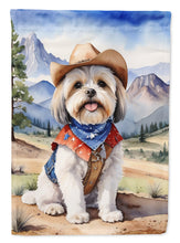 Load image into Gallery viewer, Lhasa Apso Cowboy Welcome Garden Flag – Western Dog Yard Decor with Mountain Landscape