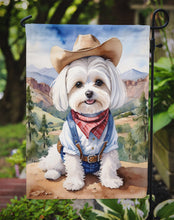 Load image into Gallery viewer, Maltese Cowboy Welcome Garden Flag – Western Dog Yard Decor with Mountain Landscape