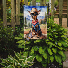 Load image into Gallery viewer, Miniature Pinscher Cowboy Welcome Garden Flag – Western Dog Yard Decor with Mountain Landscape