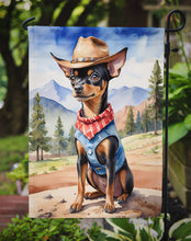 Load image into Gallery viewer, Miniature Pinscher Cowboy Welcome Garden Flag – Western Dog Yard Decor with Mountain Landscape