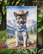 Load image into Gallery viewer, Norwegian Elkhound Cowboy Welcome Garden Flag – Western Dog Yard Decor with Mountain Landscape