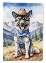Load image into Gallery viewer, Norwegian Elkhound Cowboy Welcome Garden Flag – Western Dog Yard Decor with Mountain Landscape