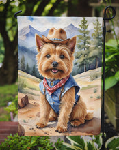 Load image into Gallery viewer, Norwich Terrier Cowboy Welcome Garden Flag – Western Dog Yard Decor with Mountain Landscape