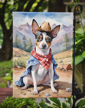 Load image into Gallery viewer, Rat Terrier Cowboy Welcome Garden Flag – Western Dog Yard Decor with Mountain Landscape