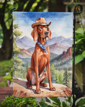 Load image into Gallery viewer, Redbone Coonhound Cowboy Welcome Garden Flag – Western Dog Yard Decor with Mountain Landscape