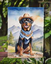 Load image into Gallery viewer, Rottweiler Cowboy Welcome Garden Flag – Western Dog Yard Decor with Mountain Landscape