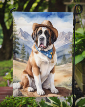 Load image into Gallery viewer, Saint Bernard Cowboy Welcome Garden Flag – Western Dog Yard Decor with Mountain Landscape