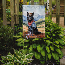 Load image into Gallery viewer, Schipperke Cowboy Welcome Garden Flag – Western Dog Yard Decor with Mountain Landscape