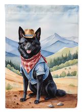 Load image into Gallery viewer, Schipperke Cowboy Welcome Garden Flag – Western Dog Yard Decor with Mountain Landscape