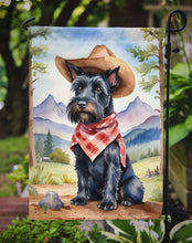 Load image into Gallery viewer, Scottish Terrier Cowboy Welcome Garden Flag – Western Dog Yard Decor with Mountain Landscape
