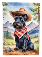 Load image into Gallery viewer, Scottish Terrier Cowboy Welcome Garden Flag – Western Dog Yard Decor with Mountain Landscape