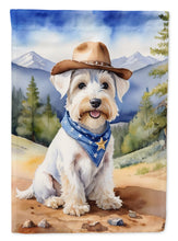 Load image into Gallery viewer, Sealyham Terrier Cowboy Welcome Garden Flag – Western Dog Yard Decor with Mountain Landscape