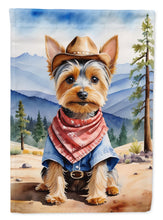 Load image into Gallery viewer, Silky Terrier Cowboy Welcome Garden Flag – Western Dog Yard Decor with Mountain Landscape