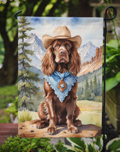 Load image into Gallery viewer, Sussex Spaniel Cowboy Welcome Garden Flag – Western Dog Yard Decor with Mountain Landscape