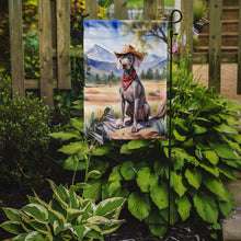 Load image into Gallery viewer, Weimaraner Cowboy Welcome Garden Flag – Western Dog Yard Decor with Mountain Landscape
