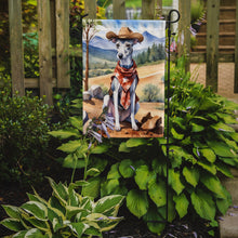 Load image into Gallery viewer, Whippet Cowboy Welcome Garden Flag – Western Dog Yard Decor with Mountain Landscape