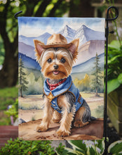 Load image into Gallery viewer, Yorkshire Terrier Yorkie Cowboy Welcome Garden Flag – Western Dog Yard Decor with Mountain Landscape
