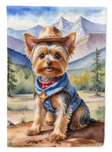 Load image into Gallery viewer, Yorkshire Terrier Yorkie Cowboy Welcome Garden Flag – Western Dog Yard Decor with Mountain Landscape