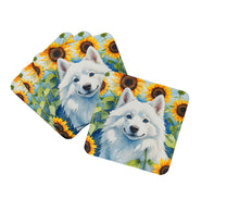 Load image into Gallery viewer, American Eskimo in Sunflowers Coasters - Set of 4 Lightweight Foam, Absorbent Drink Coasters