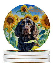 Load image into Gallery viewer, American Water Spaniel in Sunflowers Large Sandstone Coasters Pack of 4