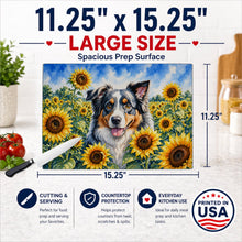 Load image into Gallery viewer, Australian Shepherd in Sunflowers Cutting Board Tempered Glass Kitchen Cutting Surface, Heat Resistant Chopping Board with Non-Slip Feet, Decorative Food Prep &amp; Serving