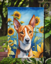 Load image into Gallery viewer, Basenji in Sunflowers Garden Flag – Bright Dog-Themed Yard Decor