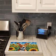 Load image into Gallery viewer, Basenji in Sunflowers Cutting Board Tempered Glass Kitchen Cutting Surface, Heat Resistant Chopping Board with Non-Slip Feet, Decorative Food Prep &amp; Serving