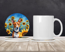 Load image into Gallery viewer, Basenji in Sunflowers Large Sandstone Coasters Pack of 4