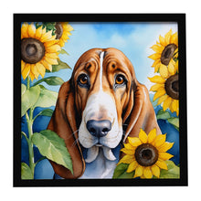 Load image into Gallery viewer, Basset Hound in Sunflowers Framed Metal Print