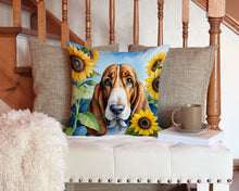 Load image into Gallery viewer, Basset Hound in Sunflowers Throw Pillow - 14x14 Decorative Pillow – Art for Your Home &amp; Patio