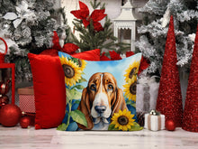 Load image into Gallery viewer, Basset Hound in Sunflowers Throw Pillow - 14x14 Decorative Pillow – Art for Your Home &amp; Patio