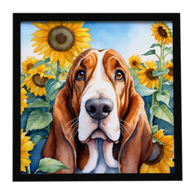 Load image into Gallery viewer, Basset Hound in Sunflowers Framed Metal Print
