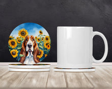 Load image into Gallery viewer, Basset Hound in Sunflowers Large Sandstone Coasters Pack of 4