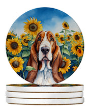 Load image into Gallery viewer, Basset Hound in Sunflowers Large Sandstone Coasters Pack of 4
