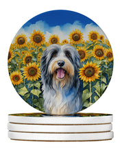 Load image into Gallery viewer, Bearded Collie in Sunflowers Large Sandstone Coasters Pack of 4