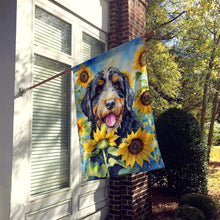 Load image into Gallery viewer, Bernedoodle in Sunflowers House Flag