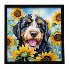 Load image into Gallery viewer, Bernedoodle in Sunflowers Framed Metal Print