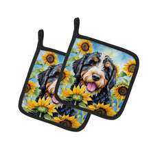 Load image into Gallery viewer, Bernedoodle in Sunflowers Pot Holders - Set of 2 Decorative Kitchen Helpers | Made in the USA
