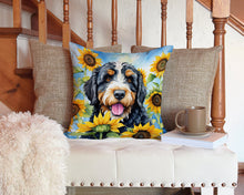 Load image into Gallery viewer, Bernedoodle in Sunflowers Throw Pillow - 14x14 Decorative Pillow – Art for Your Home &amp; Patio